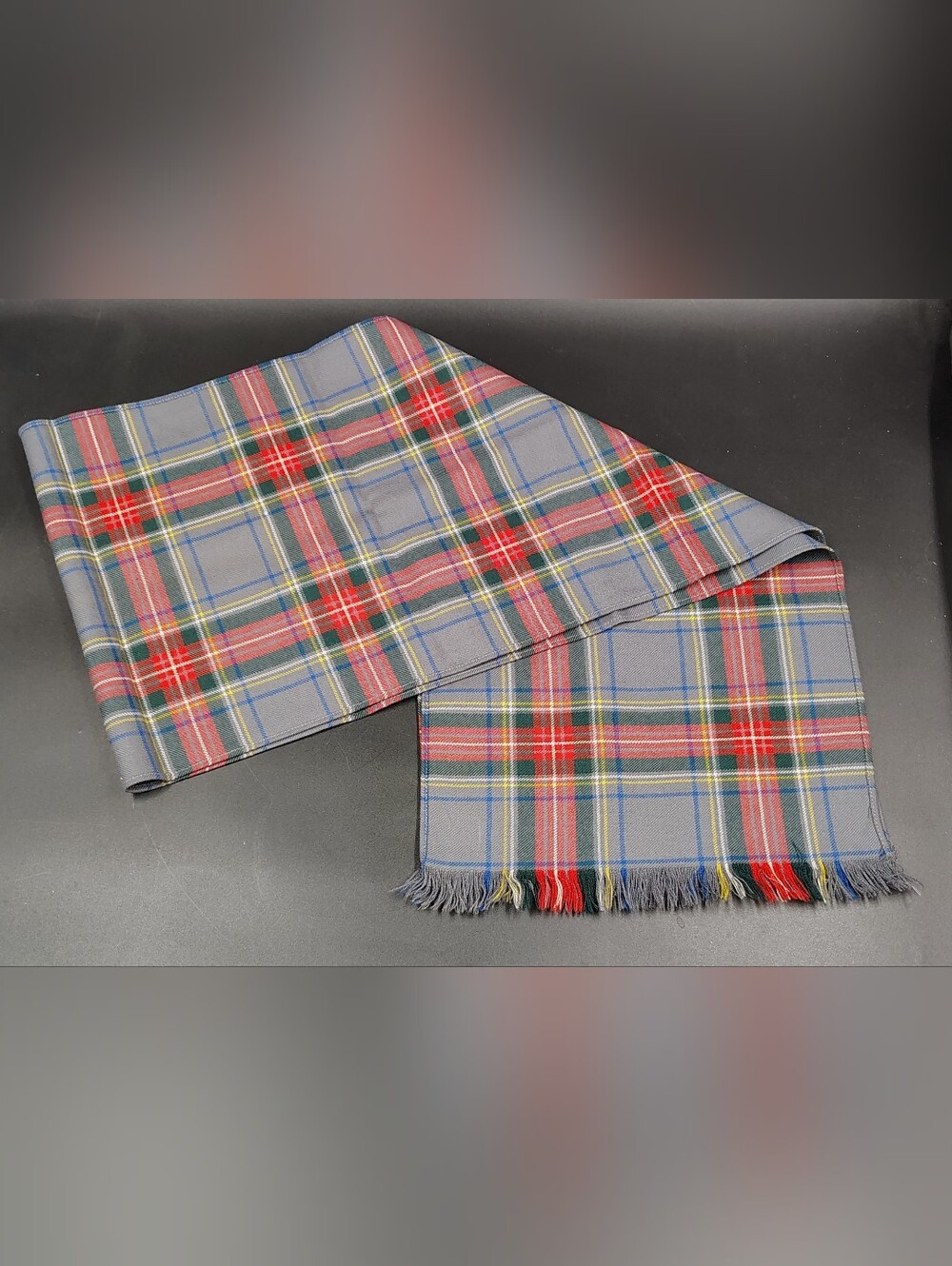 Plaid Wool Fringe Scarf - Gray and Red Men's Vintage